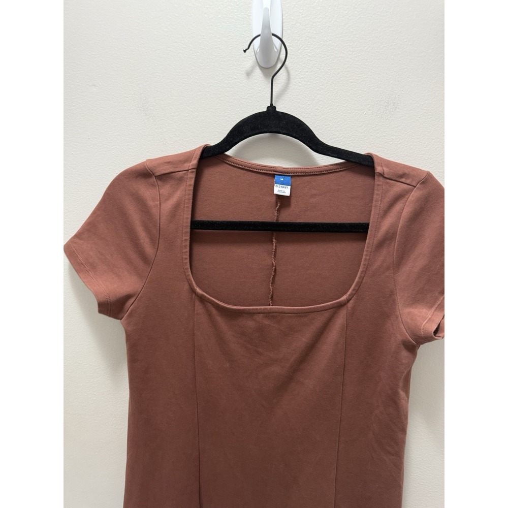 Old Navy Rust Brown Square Neck Short Sleeve Bodycon Midi Dress Size Medium - Picture 2 of 8